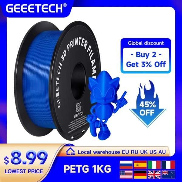 A blue spool of 3D printer filament labeled "GEEETECH 3D PRINTER FILAMENT," featuring a small blue, cartoonish figure beside it, with promotional text indicating discounts.