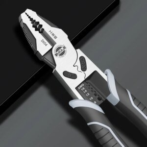 A close-up of a pair of multifunctional pliers with a shiny metallic finish and rubber grips, featuring markings for wire gauge sizes (AWG) from 8 to 16.