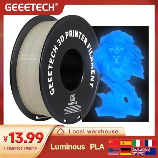 A spool of GEEETECH luminous PLA 3D printer filament, with a light beige colour, next to a glowing blue 3D-printed lion sculpture.
