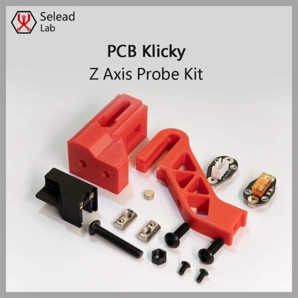 A collection of components for a Z-axis probe kit, including two red 3D-printed parts, a black electrical connector, various screws and nuts, and two circuit board elements. The items are arranged on a light surface with a grey background.