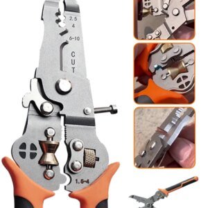 A pair of metal wire strippers with orange rubberised grips, showcasing various features including cutting edges and measurement markings, alongside smaller images that highlight their functionality and use.