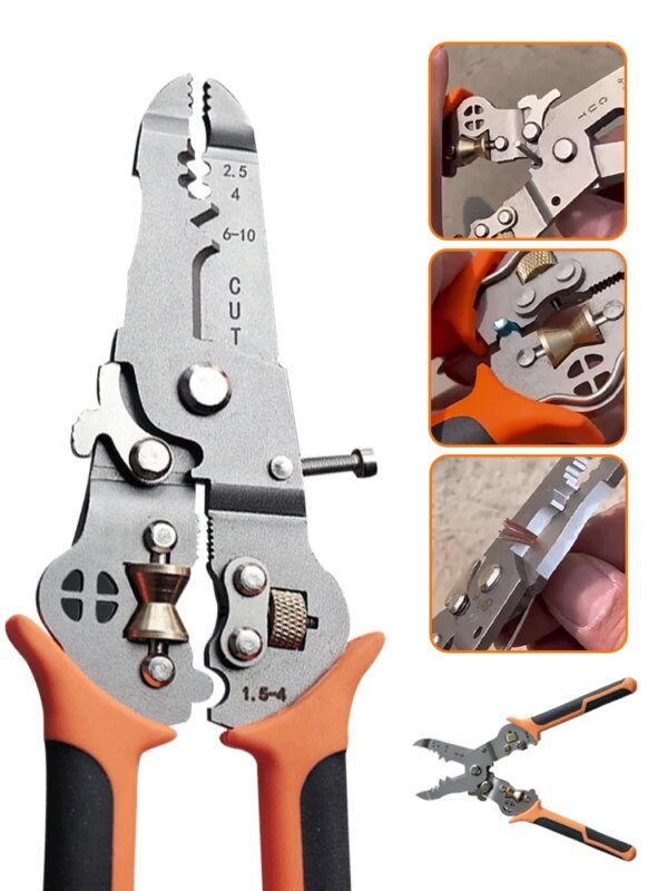 A pair of metal wire strippers with orange rubberised grips, showcasing various features including cutting edges and measurement markings, alongside smaller images that highlight their functionality and use.