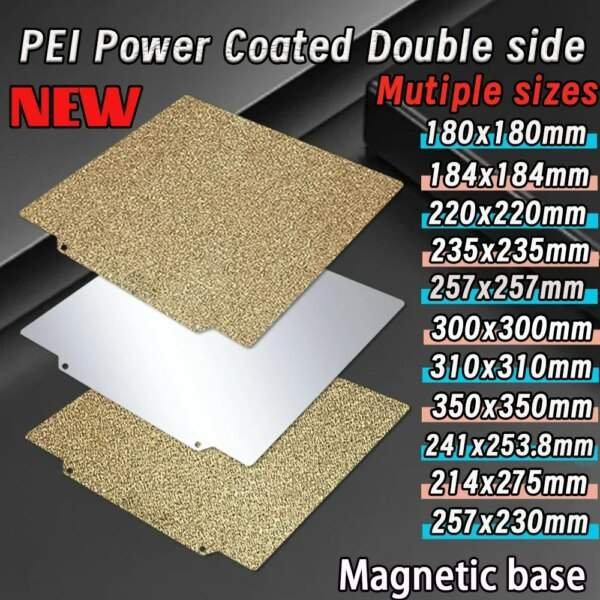 Image of three PEI power-coated sheets with a shiny silver sheet in the centre and textured golden sheets on top and bottom, featuring text indicating "NEW" and "Magnetic base," along with multiple sizes listed on the right.