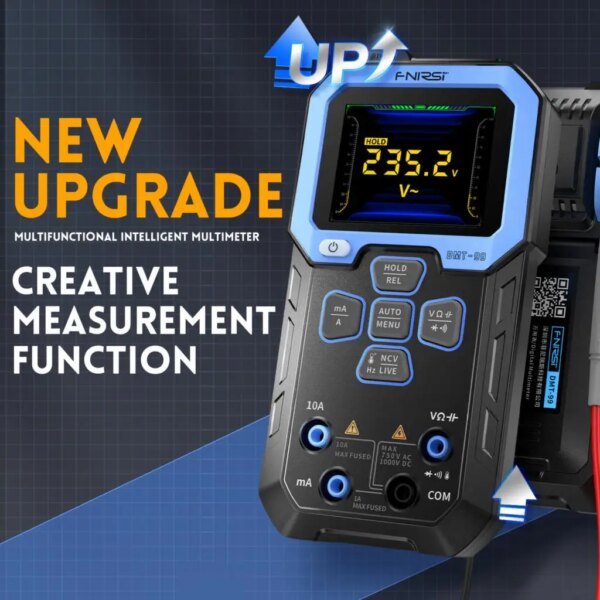 Multifunctional intelligent multimeter showing a digital display with a reading of 235.2 V, labeled "NEW UPGRADE" and "CREATIVE MEASUREMENT FUNCTION," featuring buttons and connection ports.