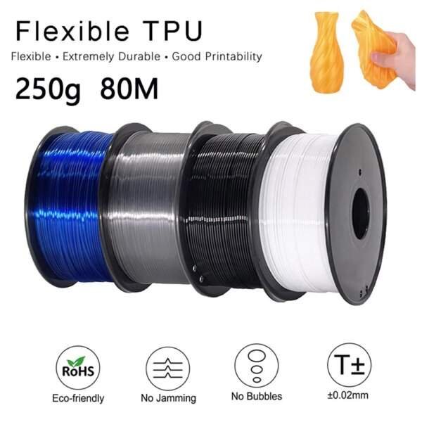 A set of three spools of flexible TPU filament in blue, black, and white, with labels highlighting features such as durability, good printability, and eco-friendliness, along with icons representing no jamming, no bubbles, and precise tolerance.