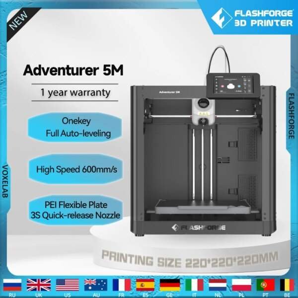 A promotional image of the Flashforge Adventurer 5M 3D printer, featuring details about its one-key full auto-leveling, high speed of 600mm/s, PEI flexible plate, and a 3S quick-release nozzle. The printer has a printing size of 220x220x220mm and comes with a one-year warranty.