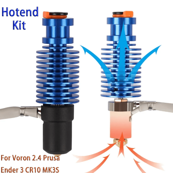 Image of a hotend kit for 3D printers, featuring two blue, ribbed heat break assemblies with a black and beige lower section. The left assembly has a nozzle and is labelled "For Voron 2.4 Prusa Ender 3 CR10 MK3S". Blue and red arrows illustrate the airflow and heat distribution.