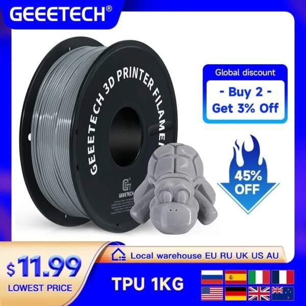 A spool of grey TPU 3D printer filament sits next to a small grey turtle figurine, with promotional text indicating a discount and pricing details.
