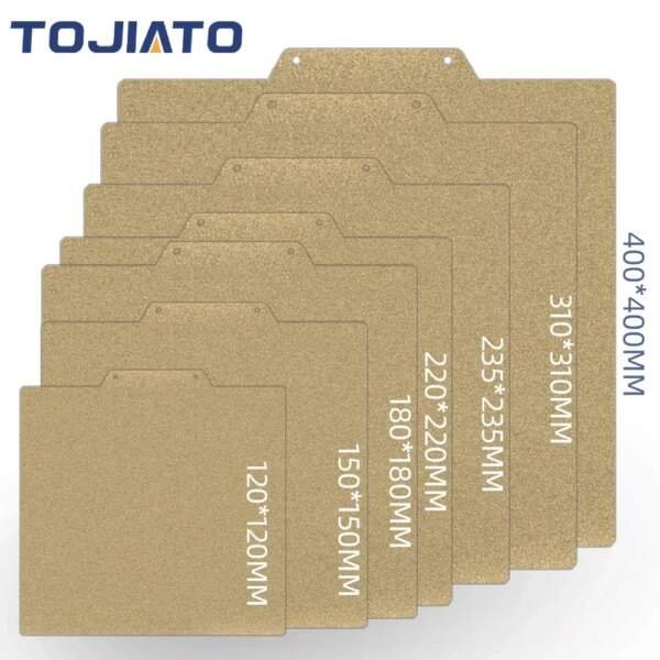 A collection of seven gold-coloured plastic templates with various dimensions labelled on each, arranged in a stack. The largest template measures 400 x 310 mm, while the smallest measures 120 x 120 mm.