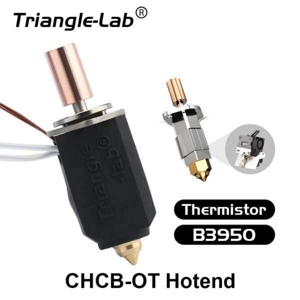An image depicting a hotend from Triangle-Lab, labelled as CHCB-OT, with a copper heat break and thermistor B3950 model, alongside a diagram of the hotend's components.