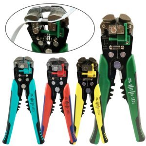 A collection of wire stripping pliers in various colours (green, red, yellow, blue, and black) arranged in a row, with a close-up inset showing the stripping mechanism engaged on a wire.