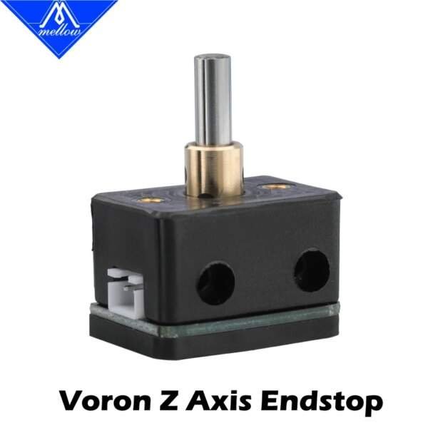 A black and metallic endstop component with a cylindrical metal shaft, designed for the Z-axis of a Voron 3D printer, featuring electrical connections on one side.