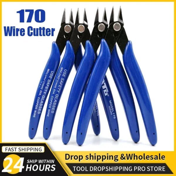 Five blue wire cutters with black cutting edges arranged closely together, featuring a bold label "170 Wire Cutter" above and promotional text for dropshipping and fast shipping at the bottom.