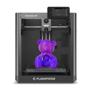 A 3D printer named Flashforge Adventurer 5M, displaying a purple teddy bear figure being printed on its build plate, with a control screen on top.