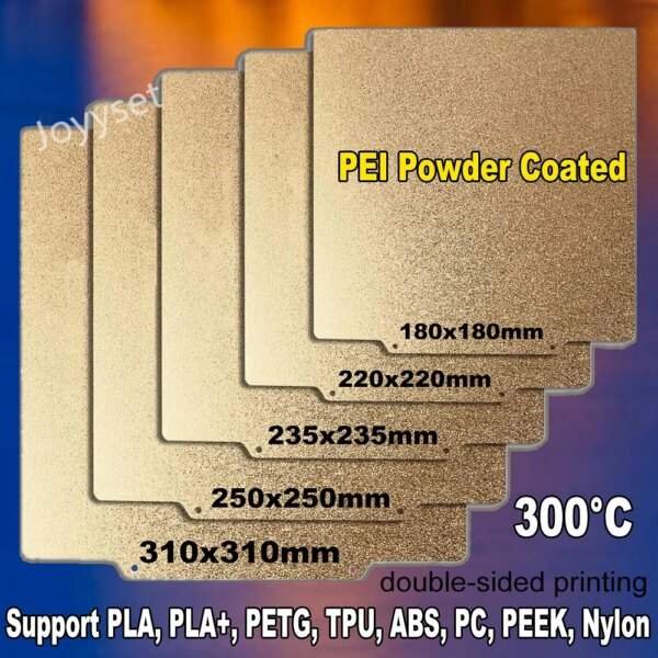 A collection of PEI powder-coated build plates for 3D printing, displayed in various sizes: 180x180mm, 220x220mm, 235x235mm, 250x250mm, and 310x310mm. Text indicates support for multiple filament types and a maximum temperature of 300°C, with a note on double-sided printing.