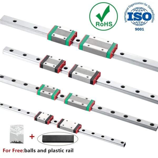 A collection of linear guide rails with blocks, showcasing various lengths and configurations. The blocks have a grey metal base with red and green accents. The image includes certification icons for RoHS and ISO 9001, along with a package containing balls and a plastic rail displayed at the bottom left.