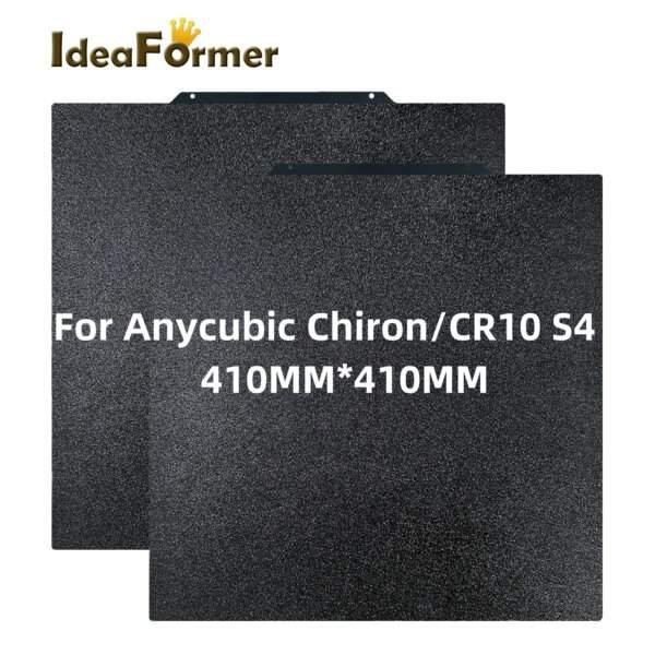 Black 3D printer build plates designed for Anycubic Chiron and CR10 S4, with dimensions 410MM x 410MM, displayed with the brand name "IdeaFormer."
