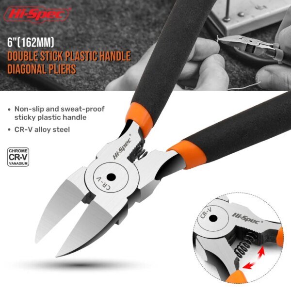 A pair of 6-inch diagonal pliers with a double stick plastic handle, featuring a non-slip grip, made from CR-V alloy steel, displayed against a neutral background.