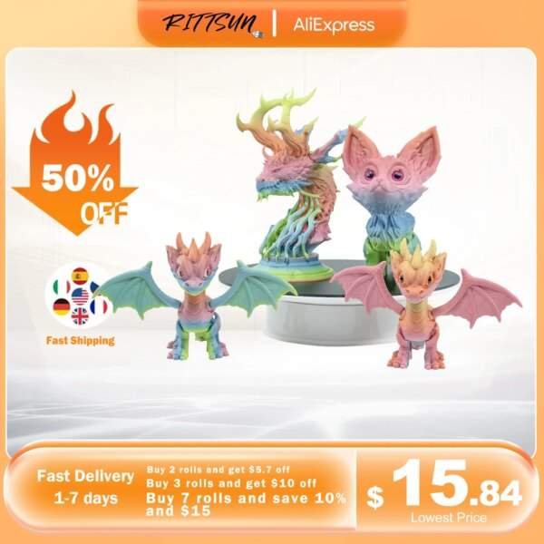 RITTSUN Matte Rainbow PLA 3D Printer Filament | A promotional image featuring colourful figurines of dragons and a creature with cat-like features, showcasing a "50% OFF" discount, fast shipping, and pricing details.