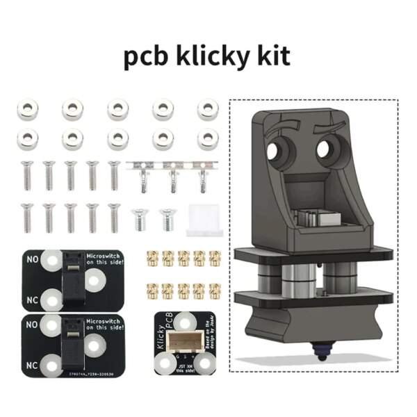 An assembly kit for a PCB Kicky device, featuring various components including a plastic housing, microswitches, screws, washers, connectors, and a PCB. The kit is neatly arranged, with a schematic illustration of the device on the right.