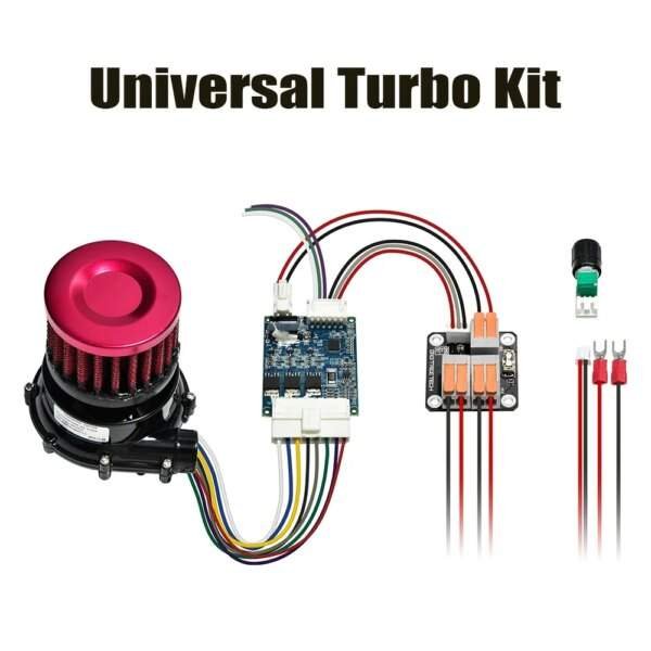 An image of a universal turbo kit featuring a pink turbocharger, control board with wiring, connectors, and other electrical components.