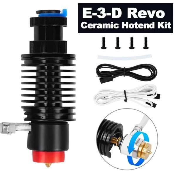 A black and red ceramic hotend kit for 3D printing, featuring a cylindrical body with a finned heat sink and a gold nozzle, accompanied by screws and cables for installation.