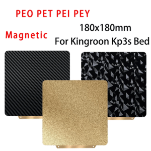 Three 180x180mm magnetic sheets designed for the Kingroon Kp3s 3D printer bed, featuring a carbon fibre pattern, a gold glitter finish, and a black geometric design.
