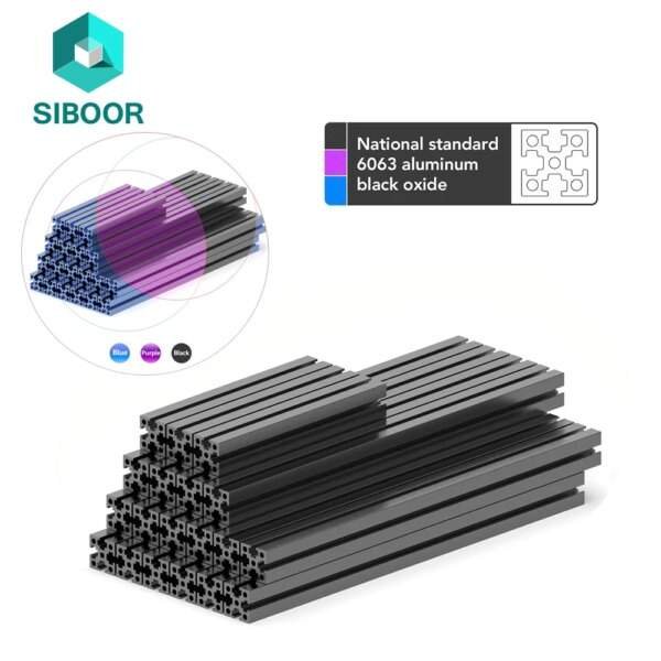 A stacked arrangement of aluminium extrusions in black, purple, and blue, with a label indicating the materials are made from national standard 6063 aluminium with a black oxide finish. The logo for 'SIBOOR' is in the top left corner.