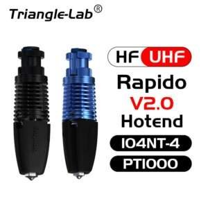 A graphic displaying two models of the Rapido V2.0 hotend by Triangle-Lab, one in black and one in blue, with text that includes "HF UHF," "Hotend," "I04NT-4," and "PT1000."