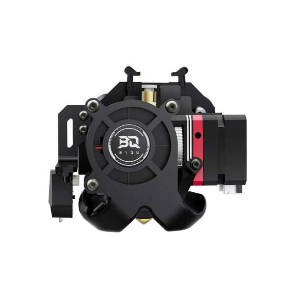 A black and red motor component with a circular design, featuring a logo in the centre and various connections and mounts attached to the sides.