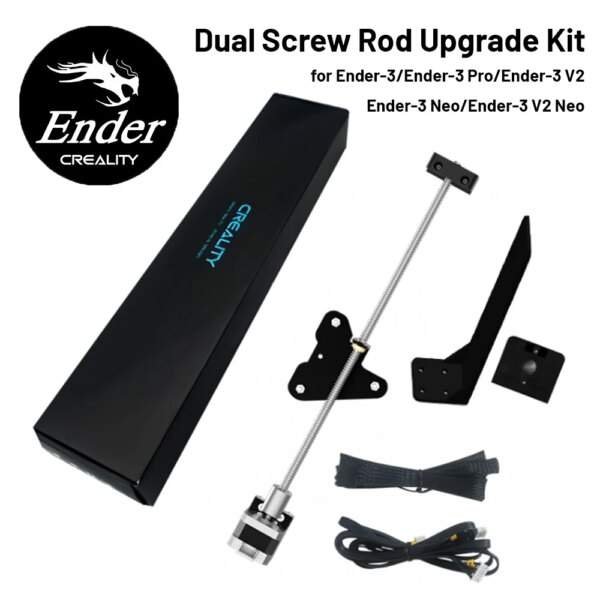 Creality Ender-3 V2 Dual Z Axis Kit | Image of a Dual Screw Rod Upgrade Kit for 3D printers, including a black box packaging, a screw rod assembly with a motor, metal brackets, and cables, labelled with the brand "Creality" and compatible models like Ender-3 and Ender-3 Pro.