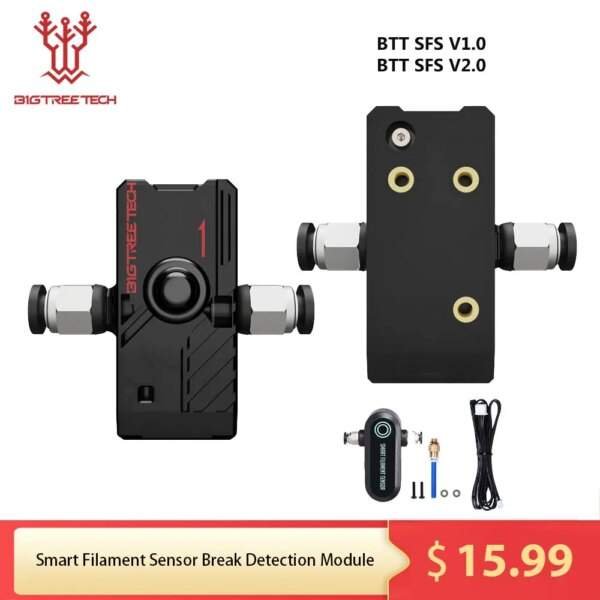 A black filament sensor break detection module with metal connectors on either side, labelled "BTT SFS V1.0" and "BTT SFS V2.0," accompanied by an additional sensor component and wires, set against a white background.