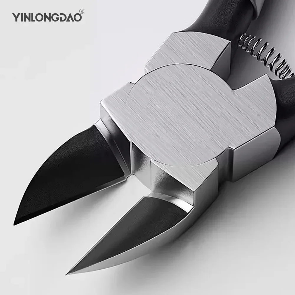 Professional Diagonal Pliers & Side Cutters - Essential Electric & Jewelry Repair Tools 1 Close-up of a polished metal cutting tool with black, pointed blades and a spring mechanism, branded with "YINLONGDAO" at the top.