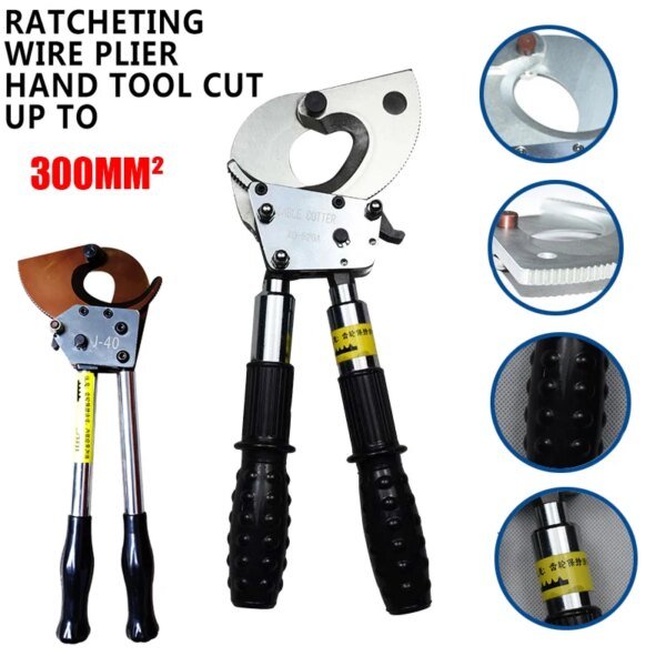 A pair of ratcheting wire pliers designed for cutting wires up to 300mm², featuring a metallic cutting head and black rubber grips for improved handling.