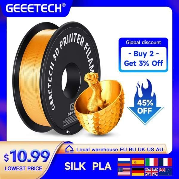 A spool of golden 3D printer filament is displayed next to a shiny golden egg-shaped object with a small dinosaur figurine inside. Promotional text highlights discounts and pricing.
