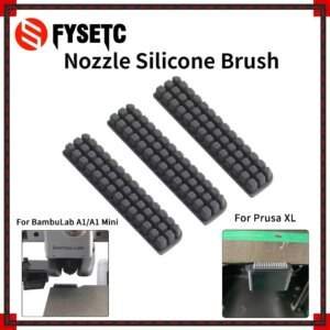 Three silicone brushes for nozzles, displayed in a row, with the text "FYSETC Nozzle Silicone Brush" above. Images showing compatibility with BambuLab A1/A1 Mini and Prusa XL printers are included in the corners.