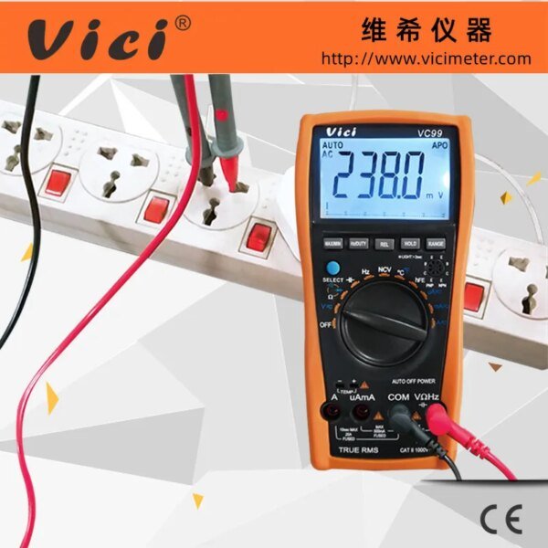 A digital multimeter is displayed, measuring voltage in a power outlet, with red and black test leads connected to the outlet. The multimeter shows a reading of 238.0 mV on its screen. A power strip with multiple sockets is visible in the background.