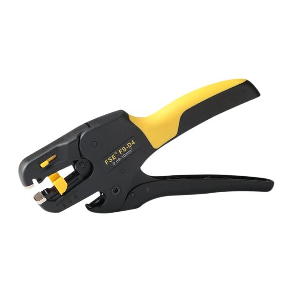 A black and yellow wire stripper tool with a gripping handle, featuring a cutting mechanism and measurement markings.