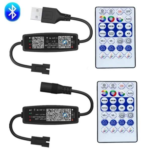 A Bluetooth LED controller with a USB connection, featuring two connectors and a remote control displaying various buttons for lighting effects, including modes and timers.