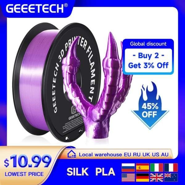 A spool of purple 3D printing filament is placed beside a purple 3D printed object resembling a claw or tentacle. The background includes promotional text indicating discounts and shipping information.