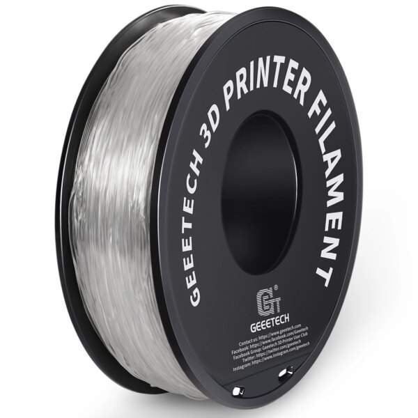 A spool of transparent 3D printer filament with a black plastic base and white lettering that reads "GEEETECH 3D PRINTER FILAMENT."