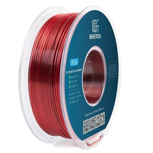 A spool of red PLA 3D printer filament with a transparent casing, featuring a blue label that includes specifications such as diameter, tolerance, and net weight.