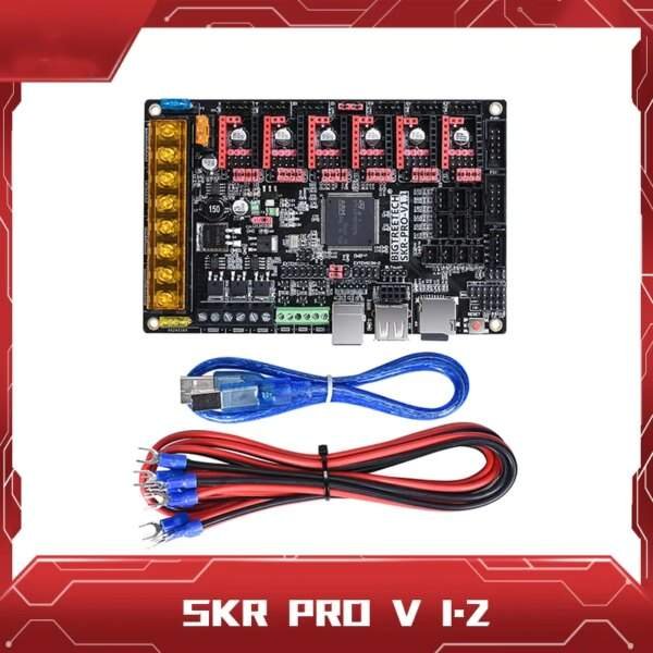 A black circuit board with various connectors, chips, and a row of yellow LEDs, accompanied by a blue USB cable and a set of red and black wires with blue connectors.