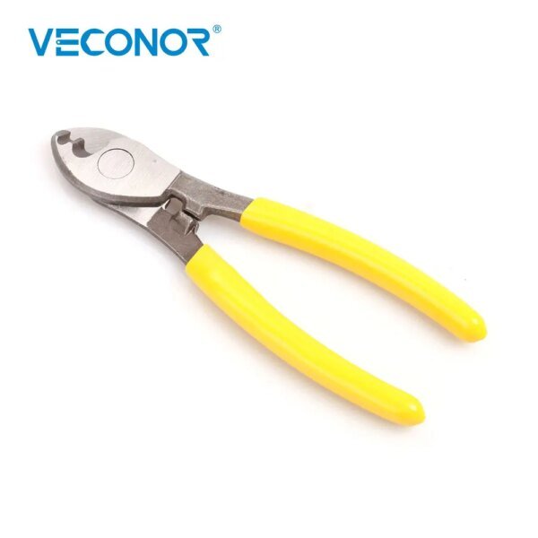 A pair of metal cutting pliers with yellow rubber grips and a silver metallic head, positioned on a white background.