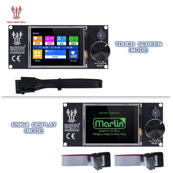 Image of a dual-display module from BigTreeTech, featuring a touchscreen and an I2C 12864 display mode. The top section shows the touchscreen displaying various settings and options, while the bottom section displays the I2C screen with a 'Marlin' logo. Connected cables are visible below each section.