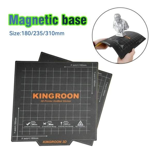 A magnetic base for 3D printers displaying the brand "KINGROON," along with size options of 180mm, 235mm, and 310mm. The design features a grid pattern and instructions for axis dimensions. An inset image shows a person holding the product with a small 3D printed figure next to it.