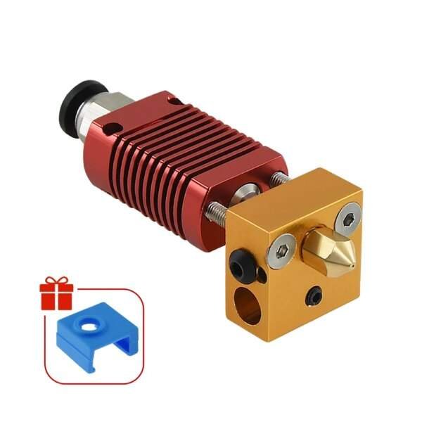 A red and gold 3D printer hotend assembly with a blue plastic cooling fan cover accessory shown in the corner.