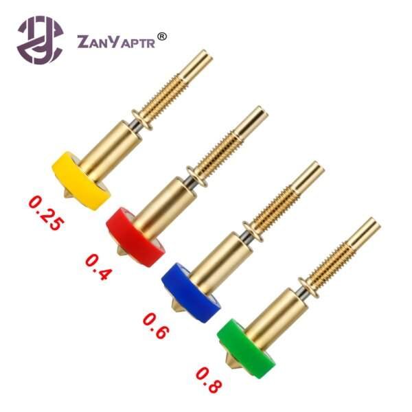 Four metal screws with different coloured bases (yellow, red, blue, and green) and varying lengths, labeled with measurements: 0.25, 0.4, 0.6, and 0.8.