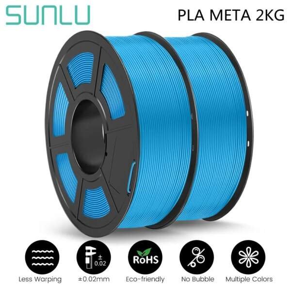 A spool of blue PLA filament for 3D printing, labelled "SUNLU PLA META 2KG," displaying features such as "Less Warping," "±0.02mm," "Eco-friendly," "No Bubble," and "Multiple Colors" with corresponding icons.