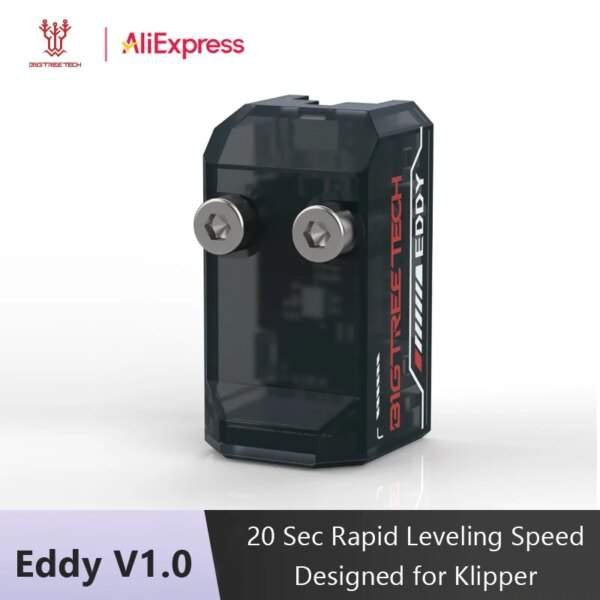 An electronic device called Eddy V1.0, designed for rapid leveling speed in 3D printing, featuring a transparent casing with two visible screws on the front and branding on the side.
